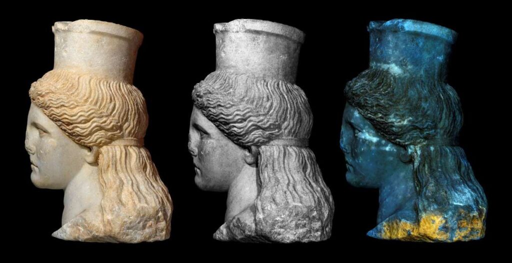 Αμφίπολη: Τύμβος Καστά, ταφικό μνημείο. Κεφάλι ανατολικής Σφίγγας, ψηφιακή σύνθεση τριών διαφορετικών τεχνικής φωτογράφησης